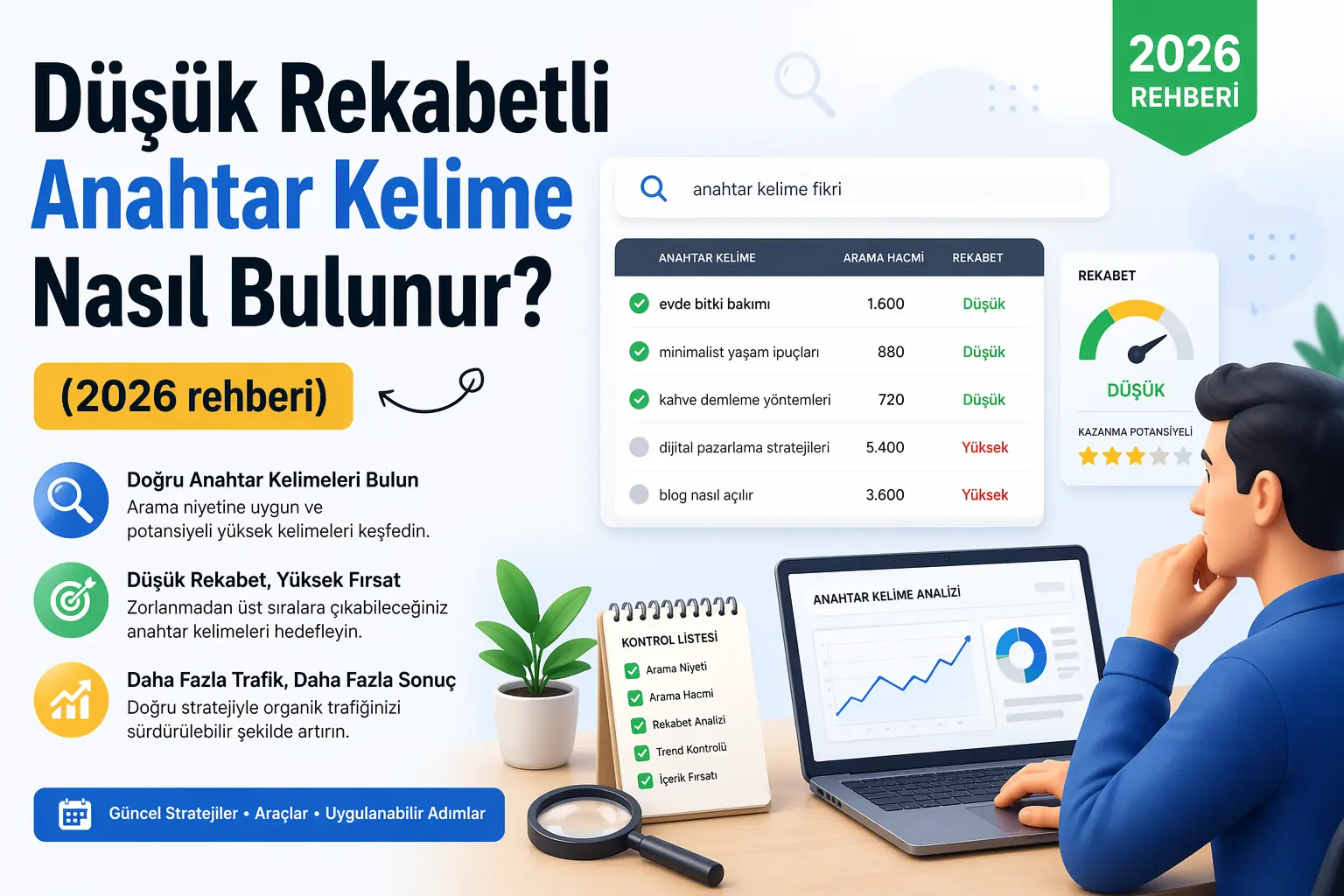 'Düşük Rekabetli Anahtar Kelime Nasıl Bulunur (2026 Rehberi)' makalesi